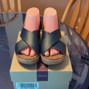 Clarks Black Leather Wedge Sandals